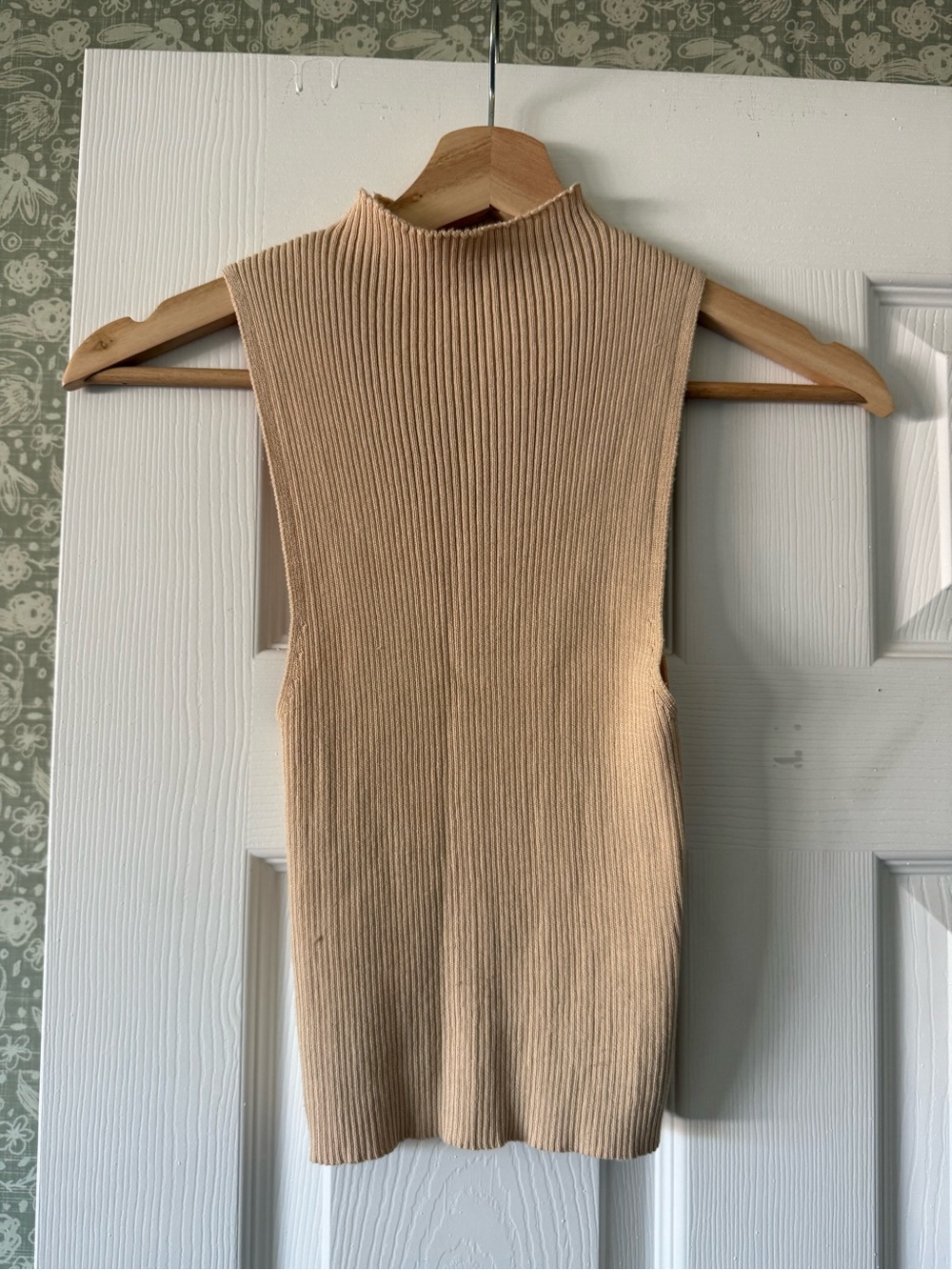 Sleeveless Ribbed Mock Neck Tank Top - Beige